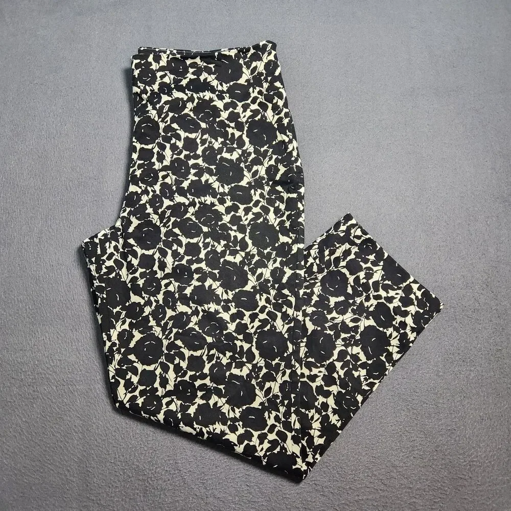 Talbots Heritage Pants Women 12P Black Rose Floral Mid Rise Straight Leg